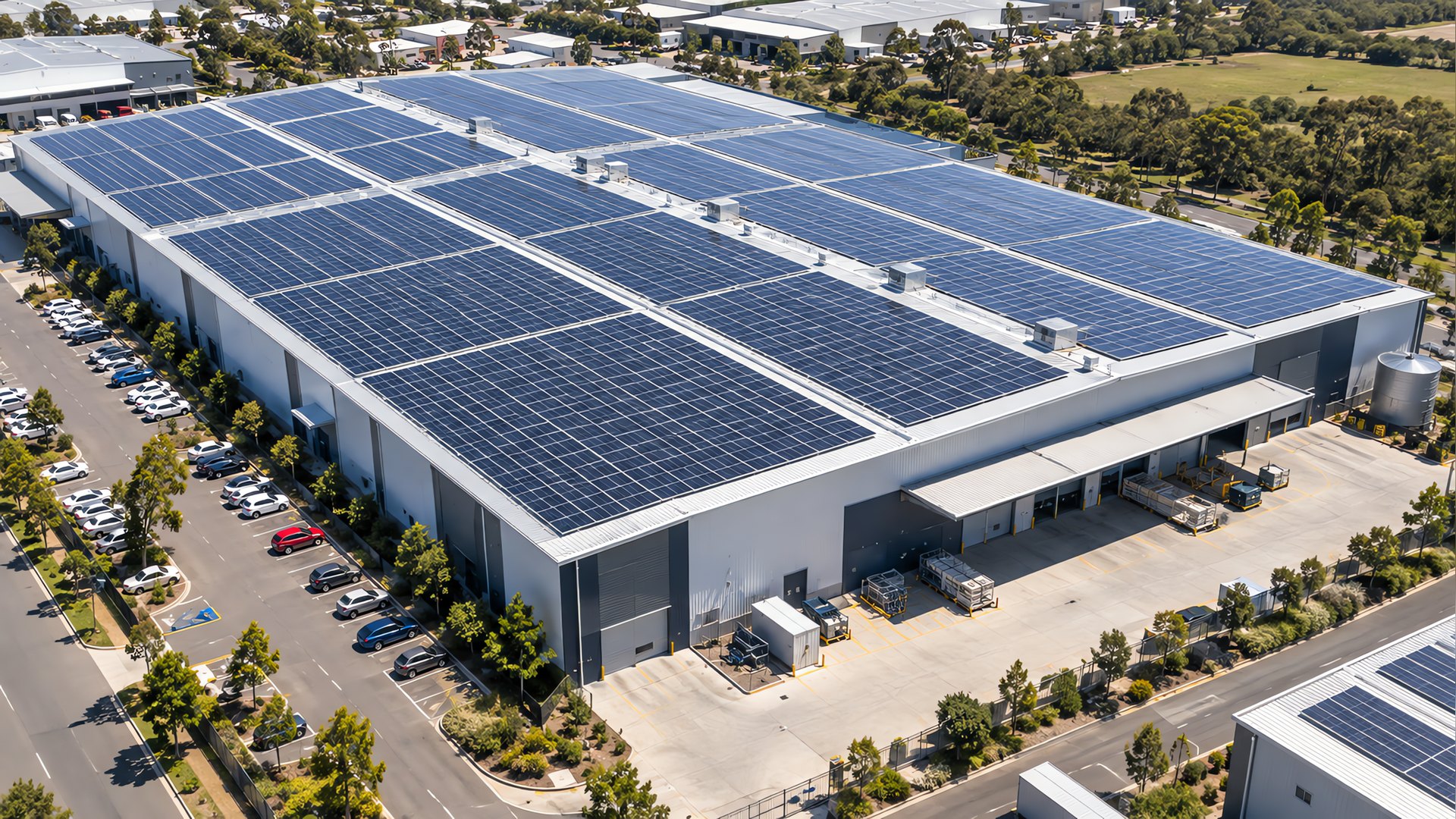 A commercial rooftop solar array